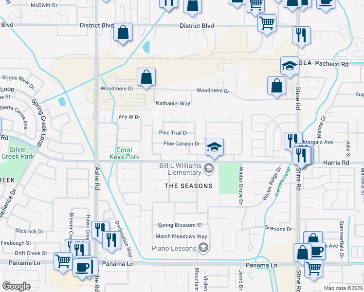 map of restaurants, bars, coffee shops, grocery stores, and more near 5812 Summer Cypress Drive in Bakersfield