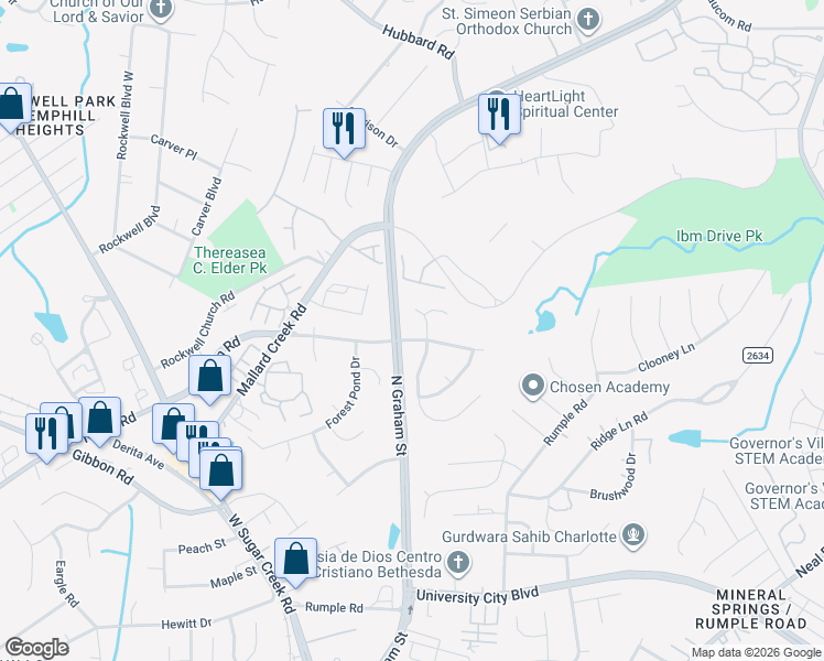 map of restaurants, bars, coffee shops, grocery stores, and more near 6414 Nevin Road in Charlotte