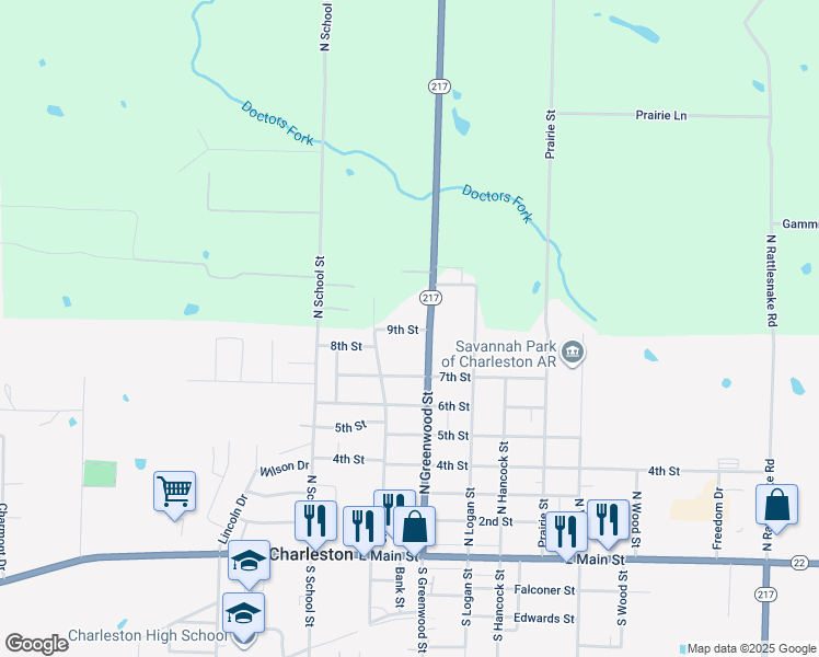 map of restaurants, bars, coffee shops, grocery stores, and more near 715 North Greenwood Street in Charleston