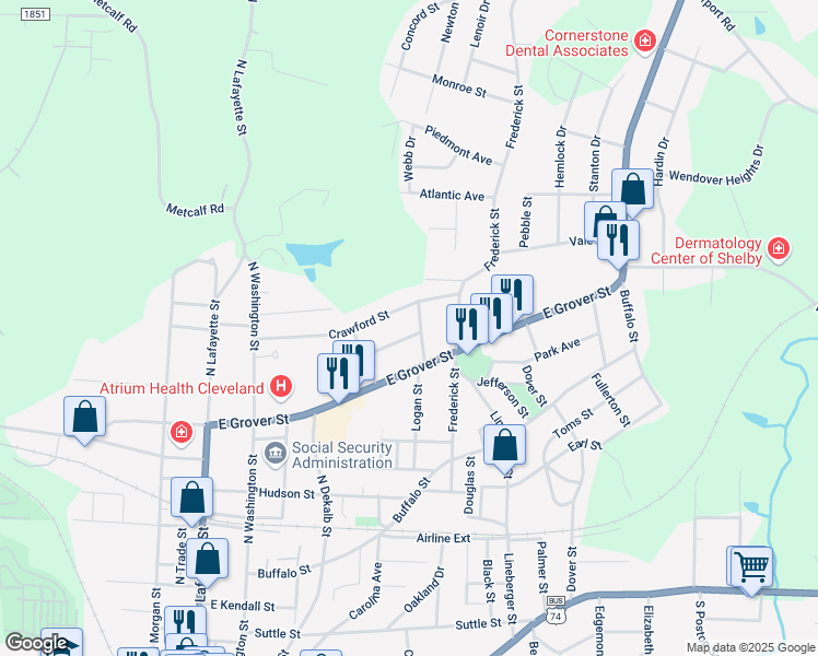 map of restaurants, bars, coffee shops, grocery stores, and more near 421 Highland Avenue in Shelby