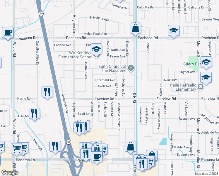 map of restaurants, bars, coffee shops, grocery stores, and more near 2005 Avon Avenue in Bakersfield