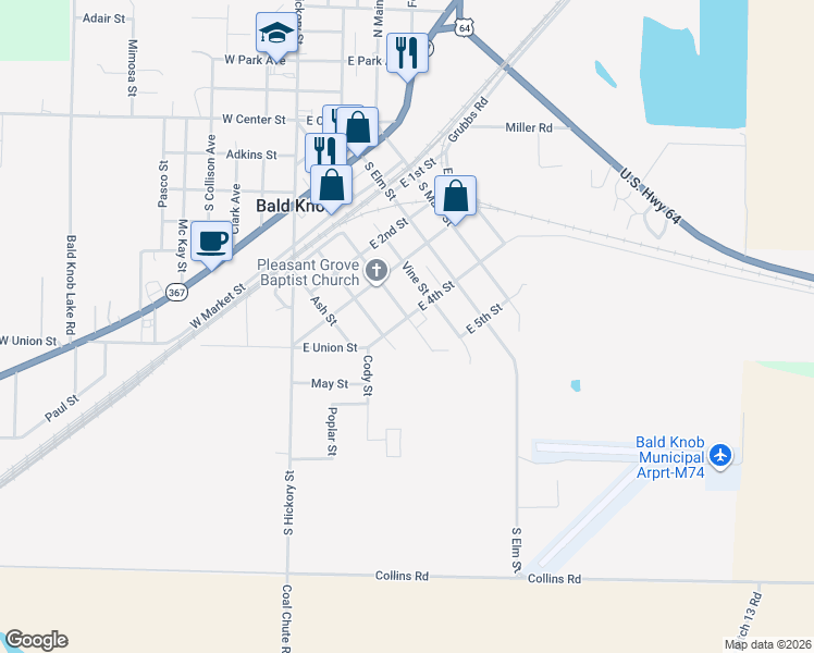 map of restaurants, bars, coffee shops, grocery stores, and more near 908 South Pine Street in Bald Knob