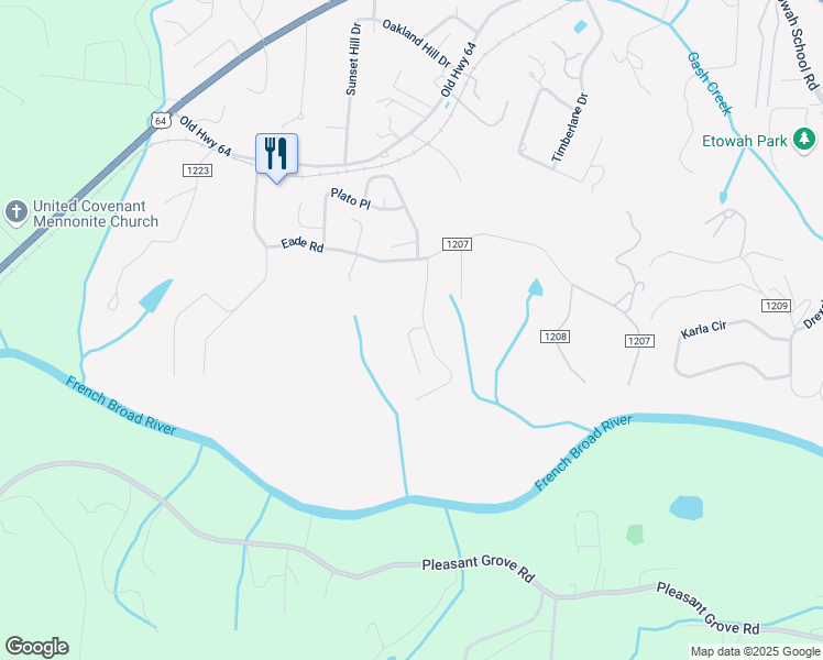 map of restaurants, bars, coffee shops, grocery stores, and more near 68 Asher Lane in Etowah