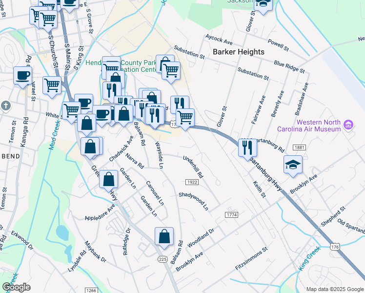 map of restaurants, bars, coffee shops, grocery stores, and more near 70 Charleston Court in Hendersonville