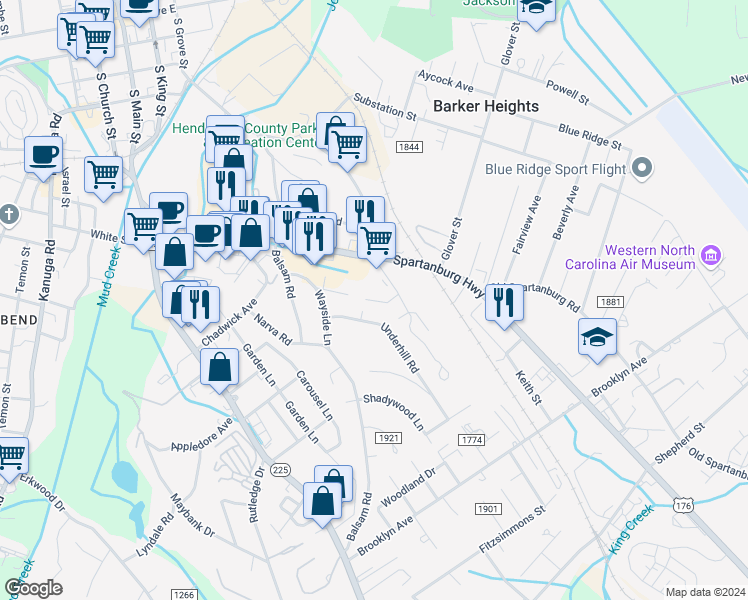 map of restaurants, bars, coffee shops, grocery stores, and more near 69 Charleston Court in Hendersonville