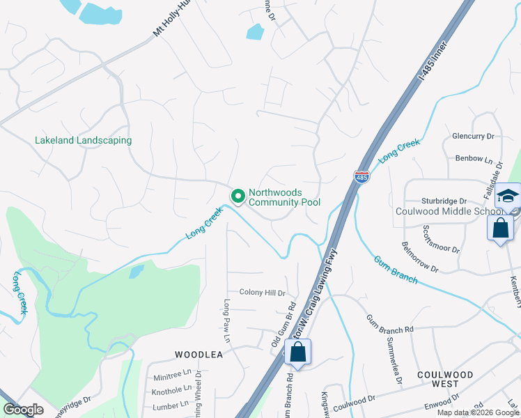 map of restaurants, bars, coffee shops, grocery stores, and more near 10104 Northwoods Forest Drive in Charlotte