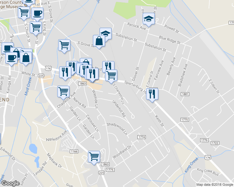 map of restaurants, bars, coffee shops, grocery stores, and more near 21 Charleston Court in Hendersonville