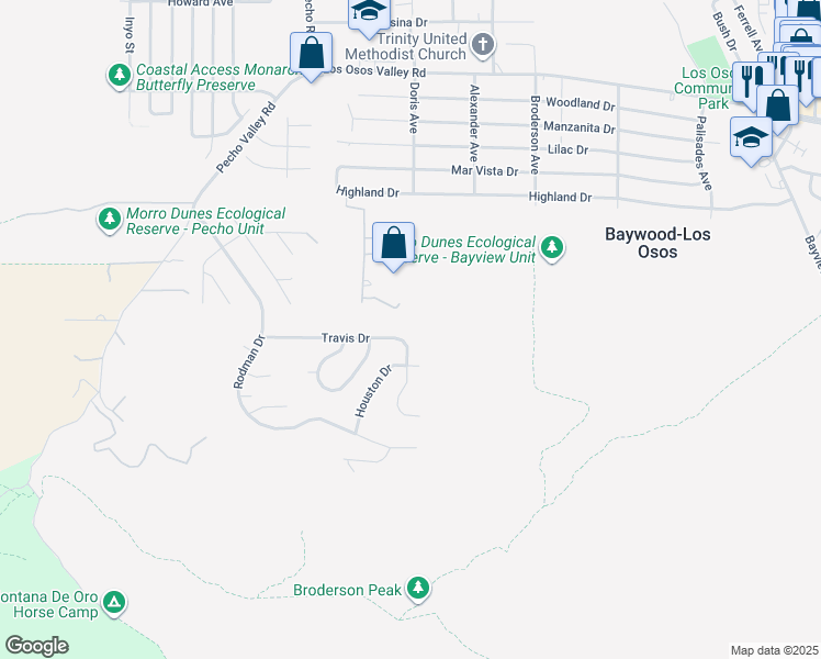 map of restaurants, bars, coffee shops, grocery stores, and more near 340 Travis Drive in Baywood-Los Osos