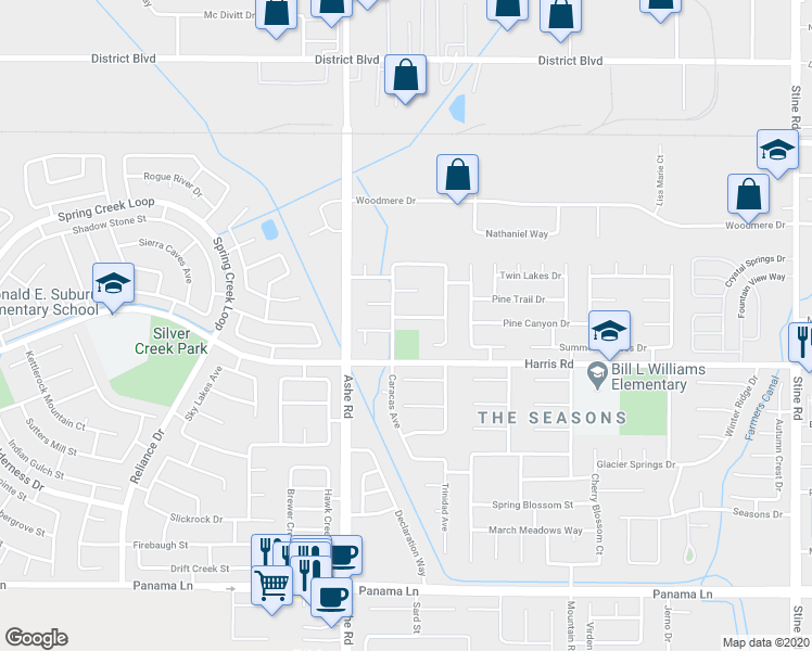 map of restaurants, bars, coffee shops, grocery stores, and more near 6120 Cancun Court in Bakersfield