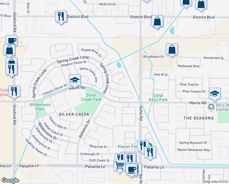 map of restaurants, bars, coffee shops, grocery stores, and more near 6804 Stardust Way in Bakersfield