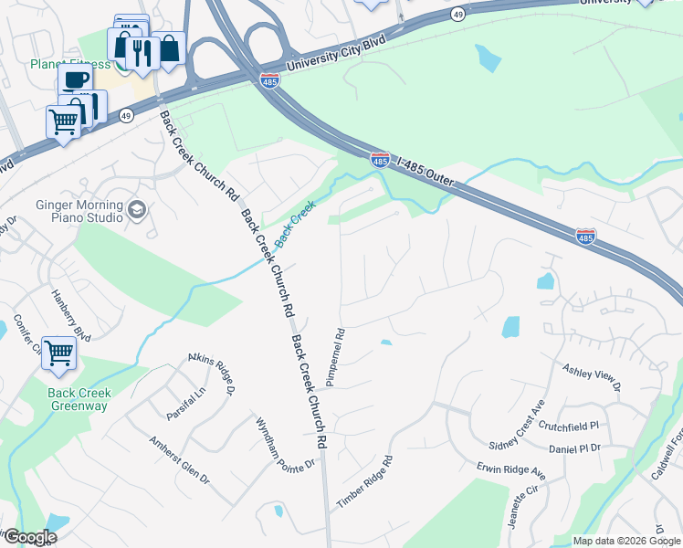 map of restaurants, bars, coffee shops, grocery stores, and more near 2342 Comfrey Court in Charlotte