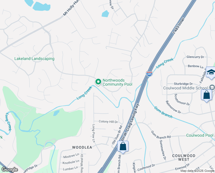 map of restaurants, bars, coffee shops, grocery stores, and more near 10104 Northwoods Forest Drive in Charlotte