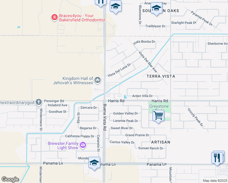 map of restaurants, bars, coffee shops, grocery stores, and more near 11200 Harris Road in Bakersfield