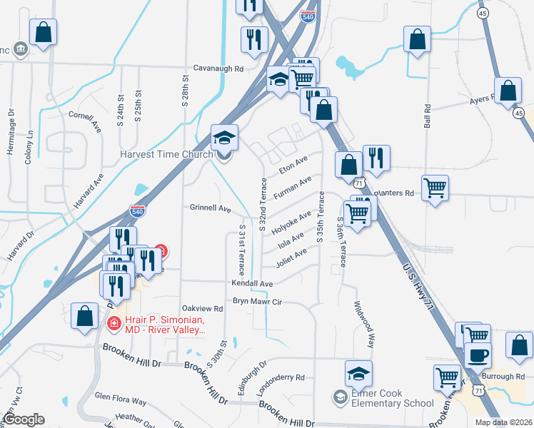 map of restaurants, bars, coffee shops, grocery stores, and more near 3213 Holyoke Avenue in Fort Smith