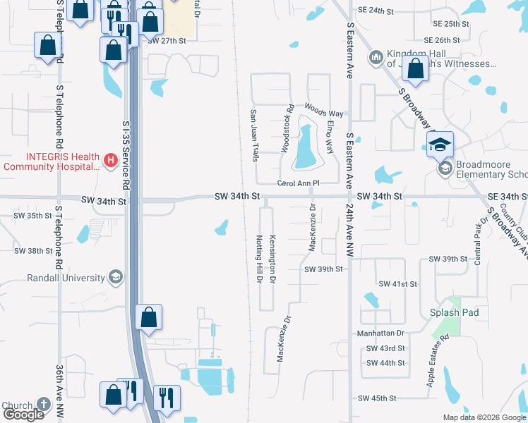 map of restaurants, bars, coffee shops, grocery stores, and more near 3604 Notting Hill Drive in Moore