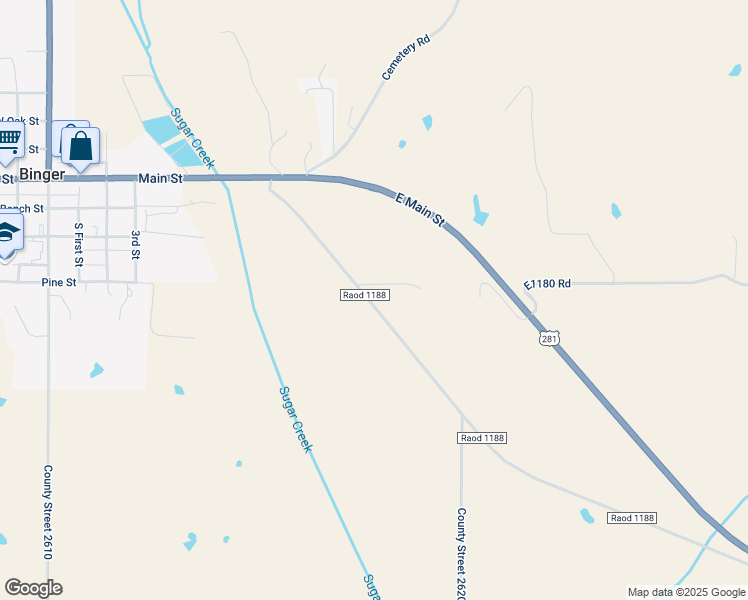 map of restaurants, bars, coffee shops, grocery stores, and more near 17140 County Road 1188 in Binger
