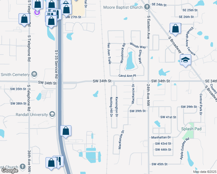 map of restaurants, bars, coffee shops, grocery stores, and more near 3704 Notting Hill Drive in Moore