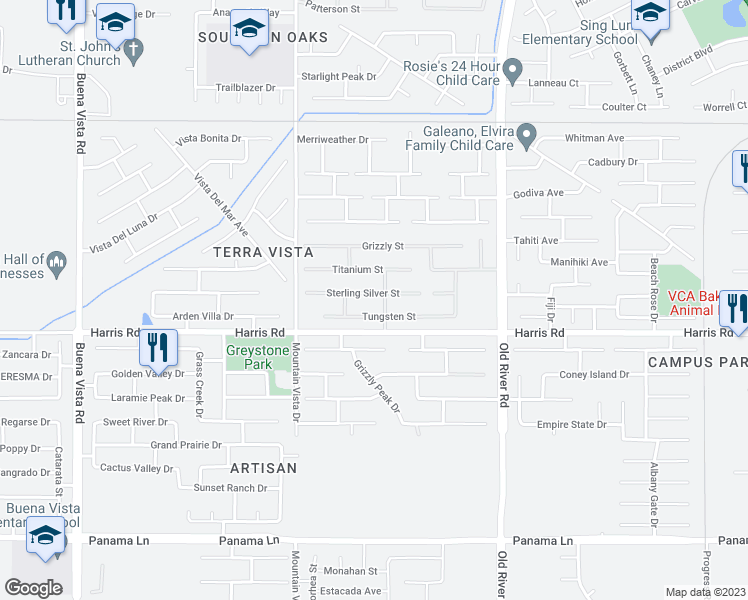 map of restaurants, bars, coffee shops, grocery stores, and more near 10205 Sterling Silver Street in Bakersfield