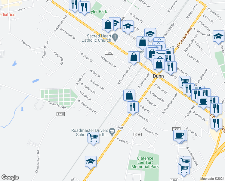map of restaurants, bars, coffee shops, grocery stores, and more near 604 South Fayetteville Avenue in Dunn