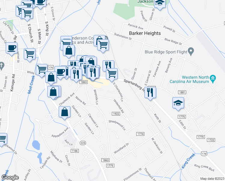 map of restaurants, bars, coffee shops, grocery stores, and more near 60 Charleston Court in Hendersonville