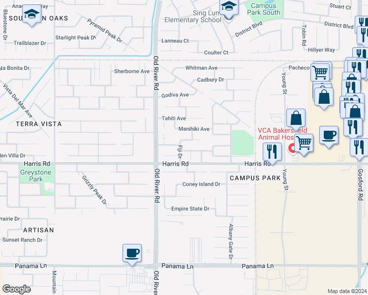map of restaurants, bars, coffee shops, grocery stores, and more near 9412 Cousteau Avenue in Bakersfield