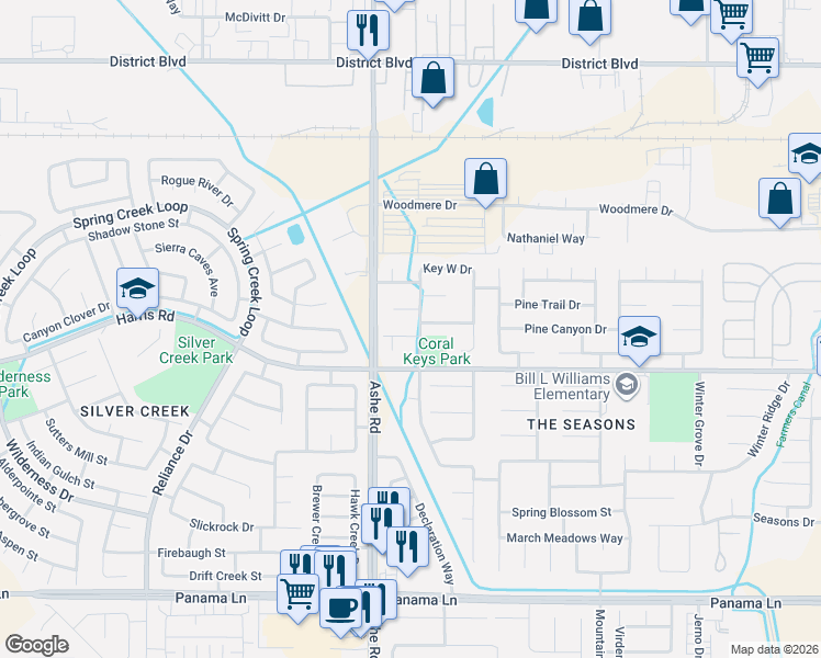 map of restaurants, bars, coffee shops, grocery stores, and more near 5605 Caracas Avenue in Bakersfield