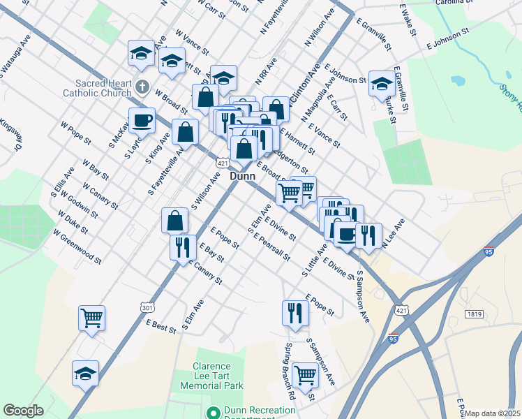 map of restaurants, bars, coffee shops, grocery stores, and more near 506 East Divine Street in Dunn
