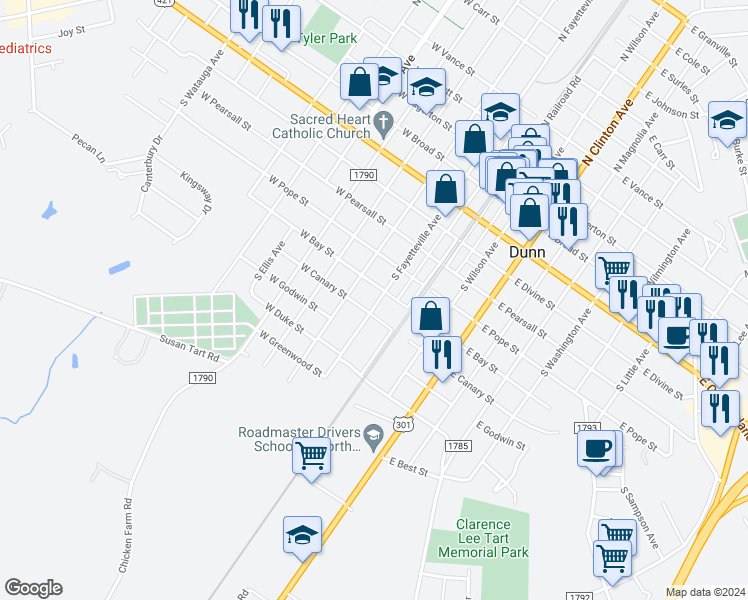 map of restaurants, bars, coffee shops, grocery stores, and more near 604 South Fayetteville Avenue in Dunn