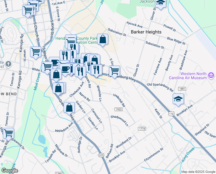 map of restaurants, bars, coffee shops, grocery stores, and more near 67 Underhill Road in Hendersonville