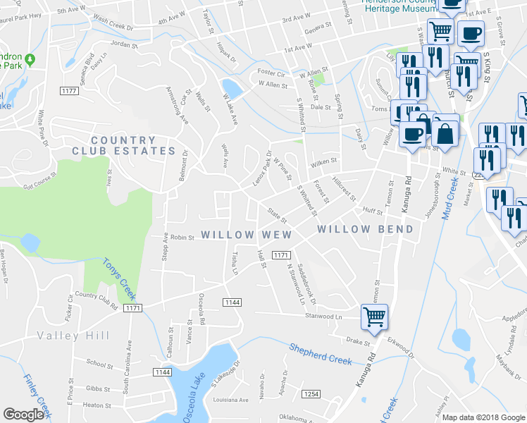 map of restaurants, bars, coffee shops, grocery stores, and more near 102 Hall Street in Hendersonville