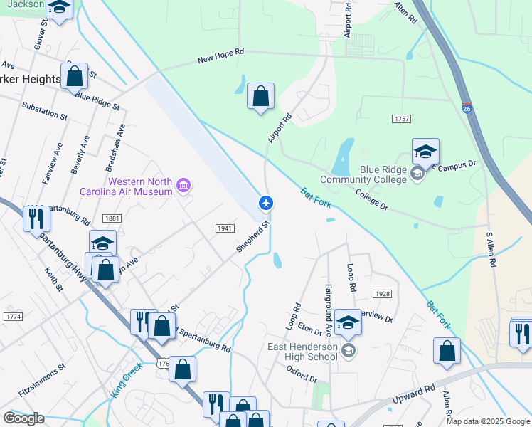 map of restaurants, bars, coffee shops, grocery stores, and more near 1232 Shepherd Street in Hendersonville