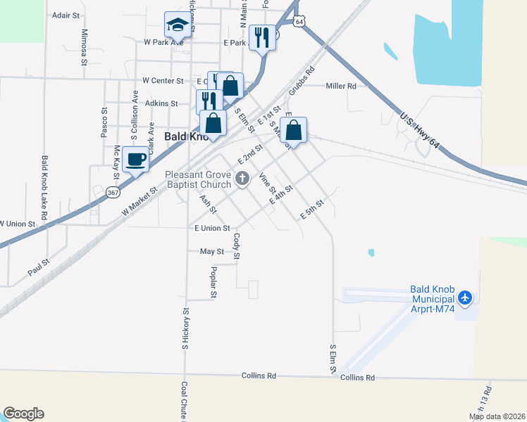 map of restaurants, bars, coffee shops, grocery stores, and more near 908 South Pine Street in Bald Knob