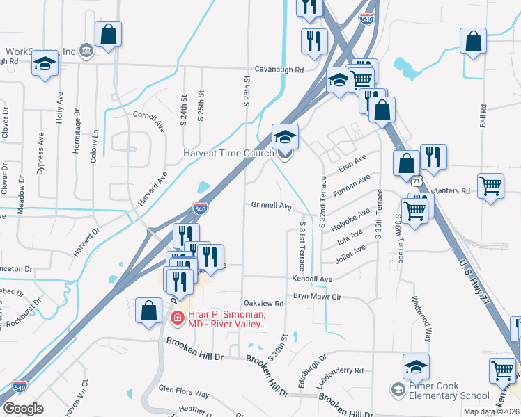 map of restaurants, bars, coffee shops, grocery stores, and more near 2816 Grinnell Avenue in Fort Smith