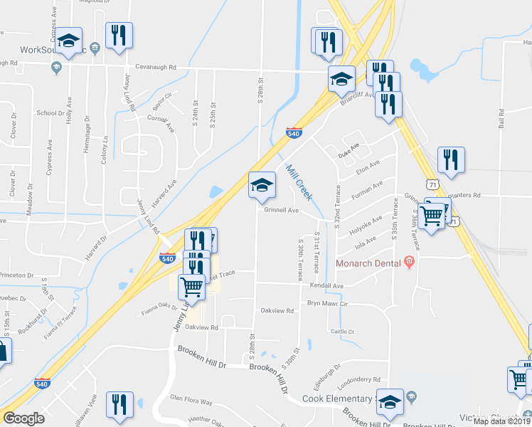 map of restaurants, bars, coffee shops, grocery stores, and more near 2808 Grinnell Avenue in Fort Smith