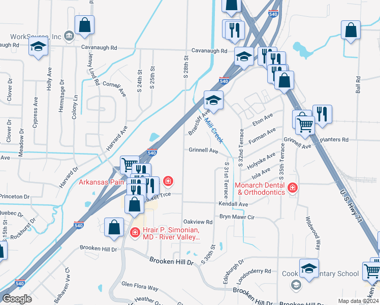 map of restaurants, bars, coffee shops, grocery stores, and more near 2816 Grinnell Avenue in Fort Smith