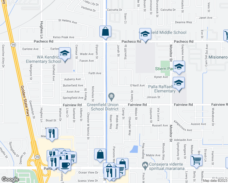 map of restaurants, bars, coffee shops, grocery stores, and more near 1624 Fairview Road in Bakersfield