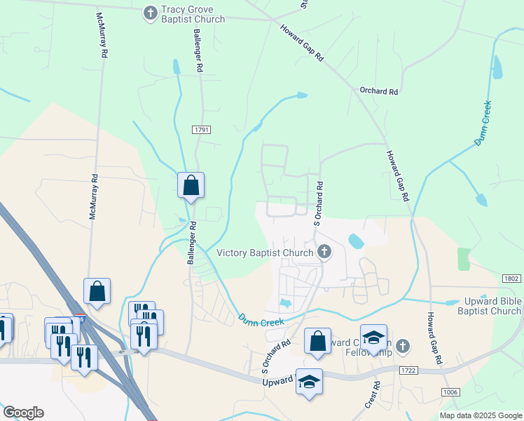 map of restaurants, bars, coffee shops, grocery stores, and more near 556 Summerfield Place in Flat Rock
