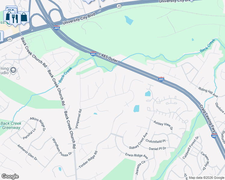 map of restaurants, bars, coffee shops, grocery stores, and more near 10730 Hellebore Road in Charlotte