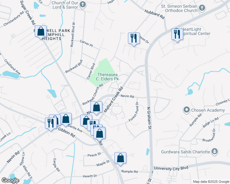 map of restaurants, bars, coffee shops, grocery stores, and more near 6468 Mallard View Lane in Charlotte
