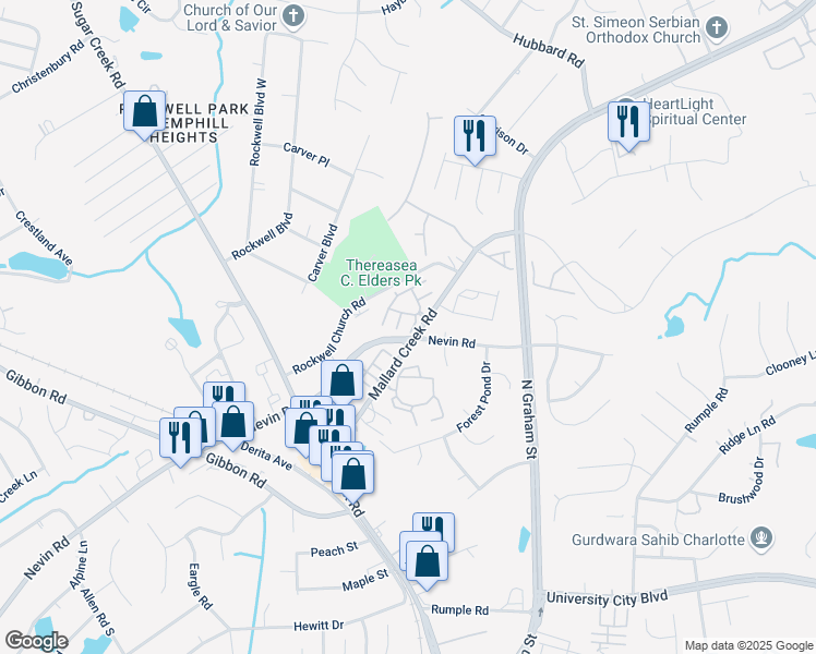 map of restaurants, bars, coffee shops, grocery stores, and more near 6468 Mallard View Lane in Charlotte