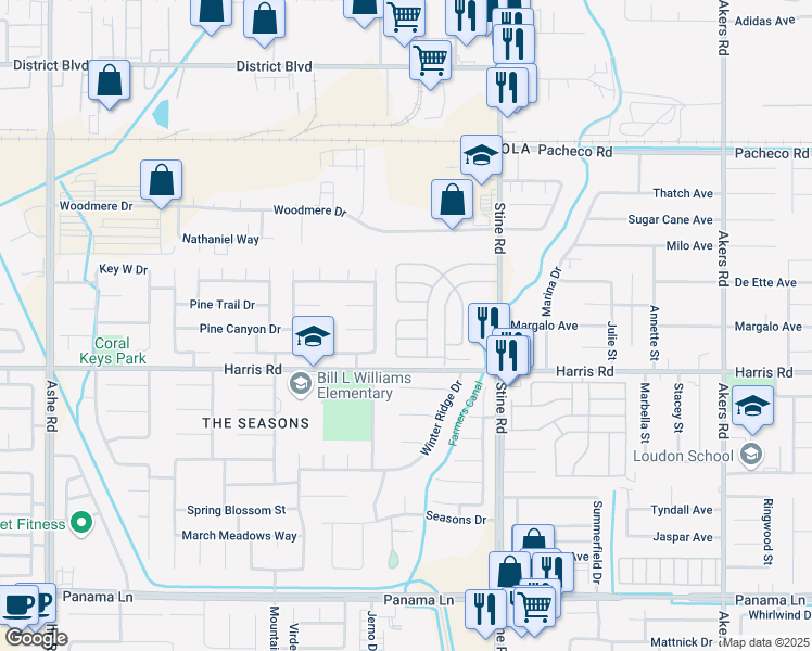 map of restaurants, bars, coffee shops, grocery stores, and more near 5605 Pine Springs Way in Bakersfield