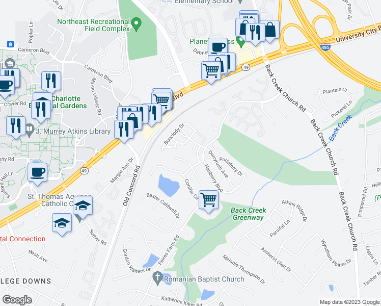 map of restaurants, bars, coffee shops, grocery stores, and more near 10118 Ballyclare Court in Charlotte