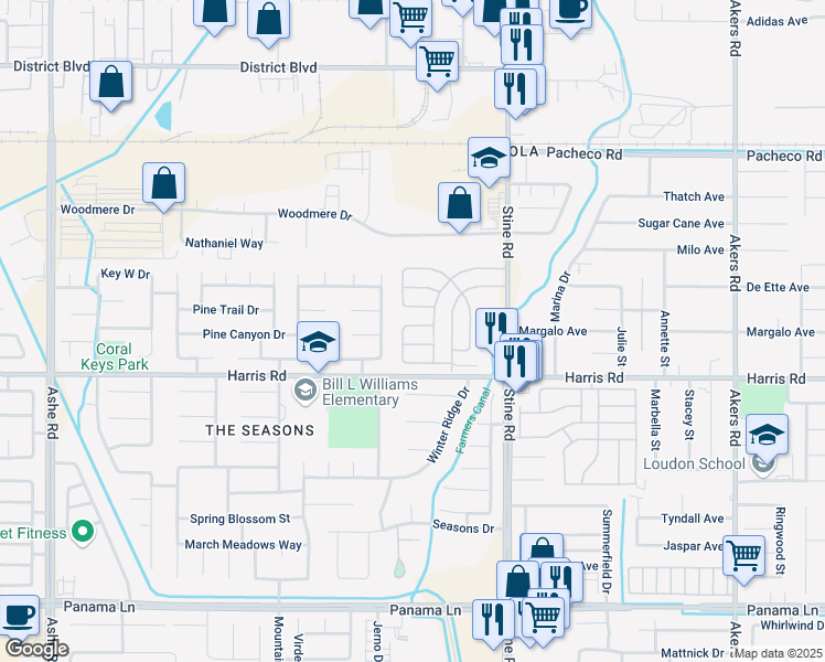 map of restaurants, bars, coffee shops, grocery stores, and more near 5605 Pine Springs Way in Bakersfield