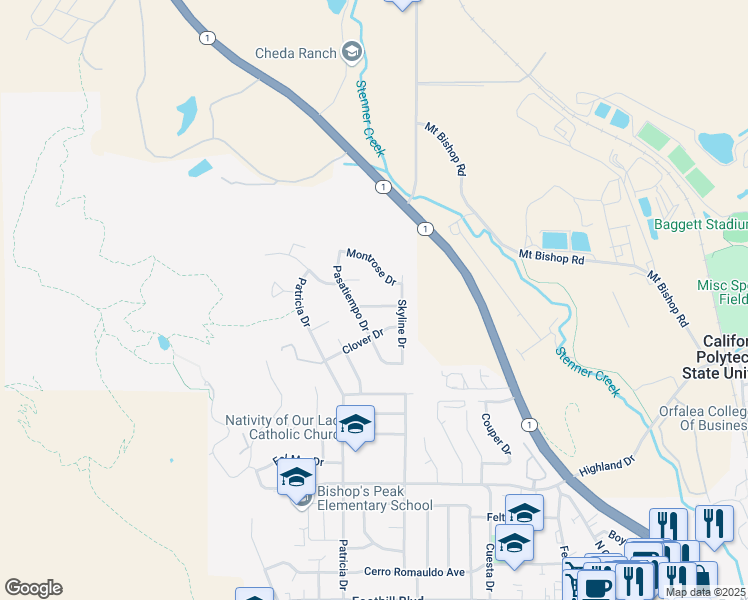 map of restaurants, bars, coffee shops, grocery stores, and more near 750 Pasatiempo Drive in San Luis Obispo