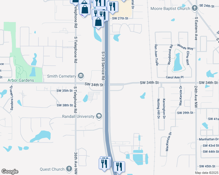 map of restaurants, bars, coffee shops, grocery stores, and more near 3500-3616 South I-35 Service Road in Moore
