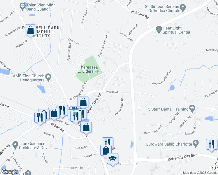 map of restaurants, bars, coffee shops, grocery stores, and more near 6523 White Pine Lane in Charlotte