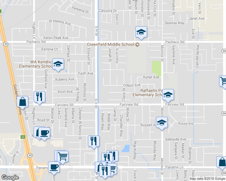 map of restaurants, bars, coffee shops, grocery stores, and more near 1504 Santiago Court in Bakersfield