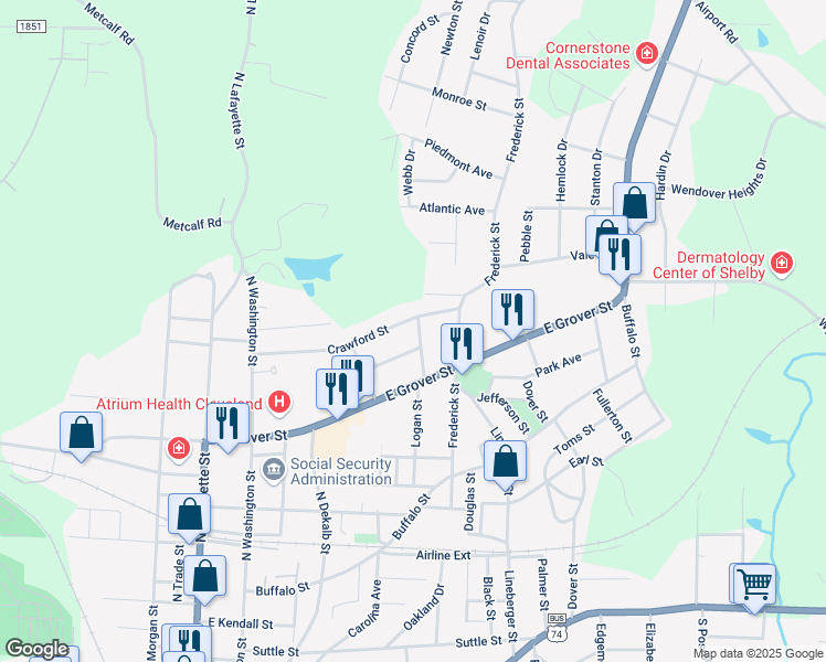 map of restaurants, bars, coffee shops, grocery stores, and more near 503 Crawford Street in Shelby