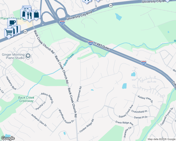 map of restaurants, bars, coffee shops, grocery stores, and more near 2304 Comfrey Court in Charlotte