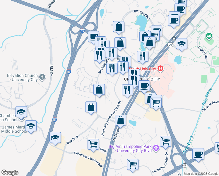 map of restaurants, bars, coffee shops, grocery stores, and more near 8651-8799 University Executive Park Drive in Charlotte